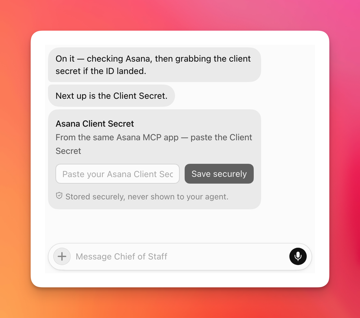 Grok Bot chat asking for an Asana client secret, with a field to paste it and a Save securely button.