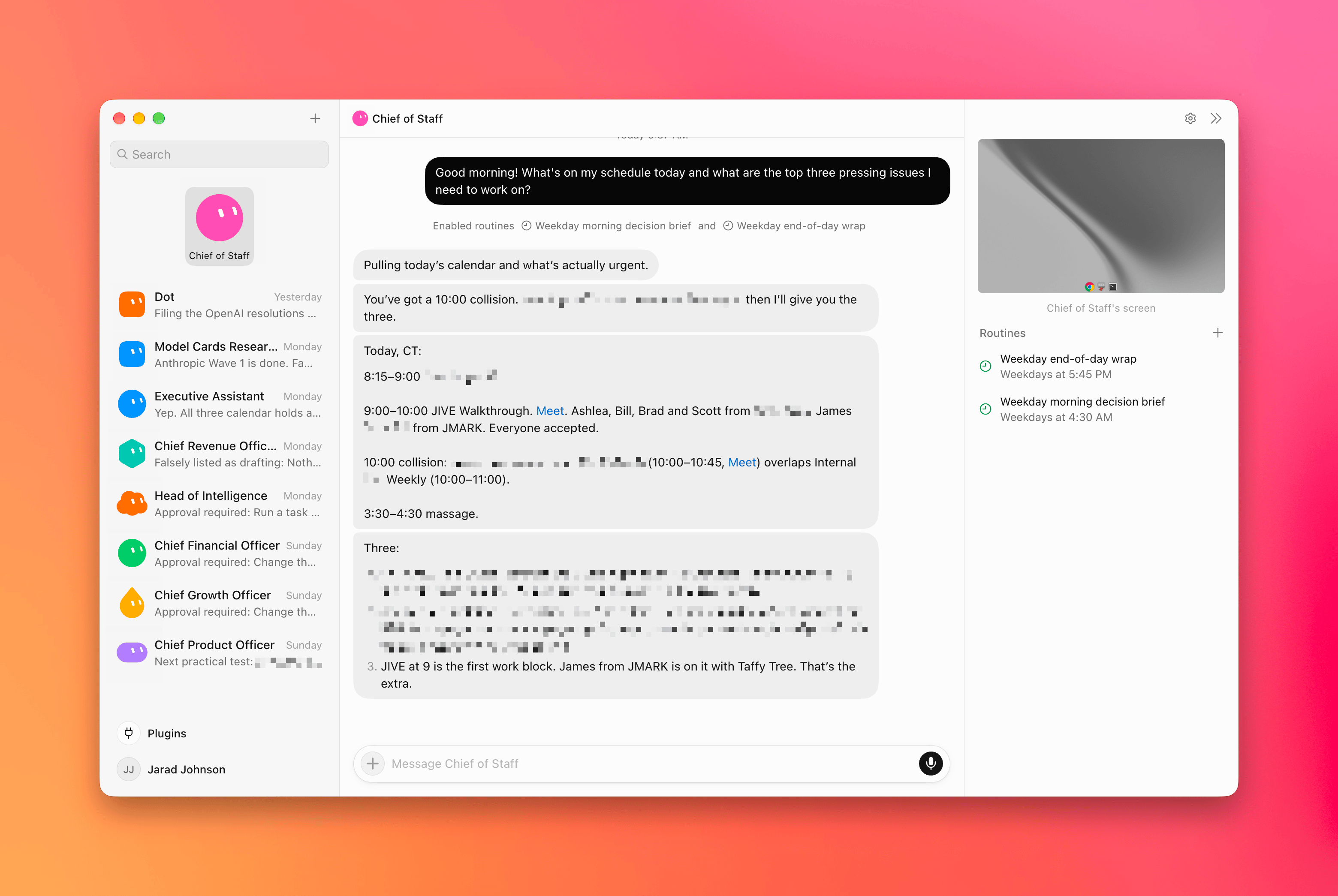 Grok Bot desktop app with a Chief of Staff chat in the center, a list of agents on the left, and the agent's cloud computer and routines on the right.