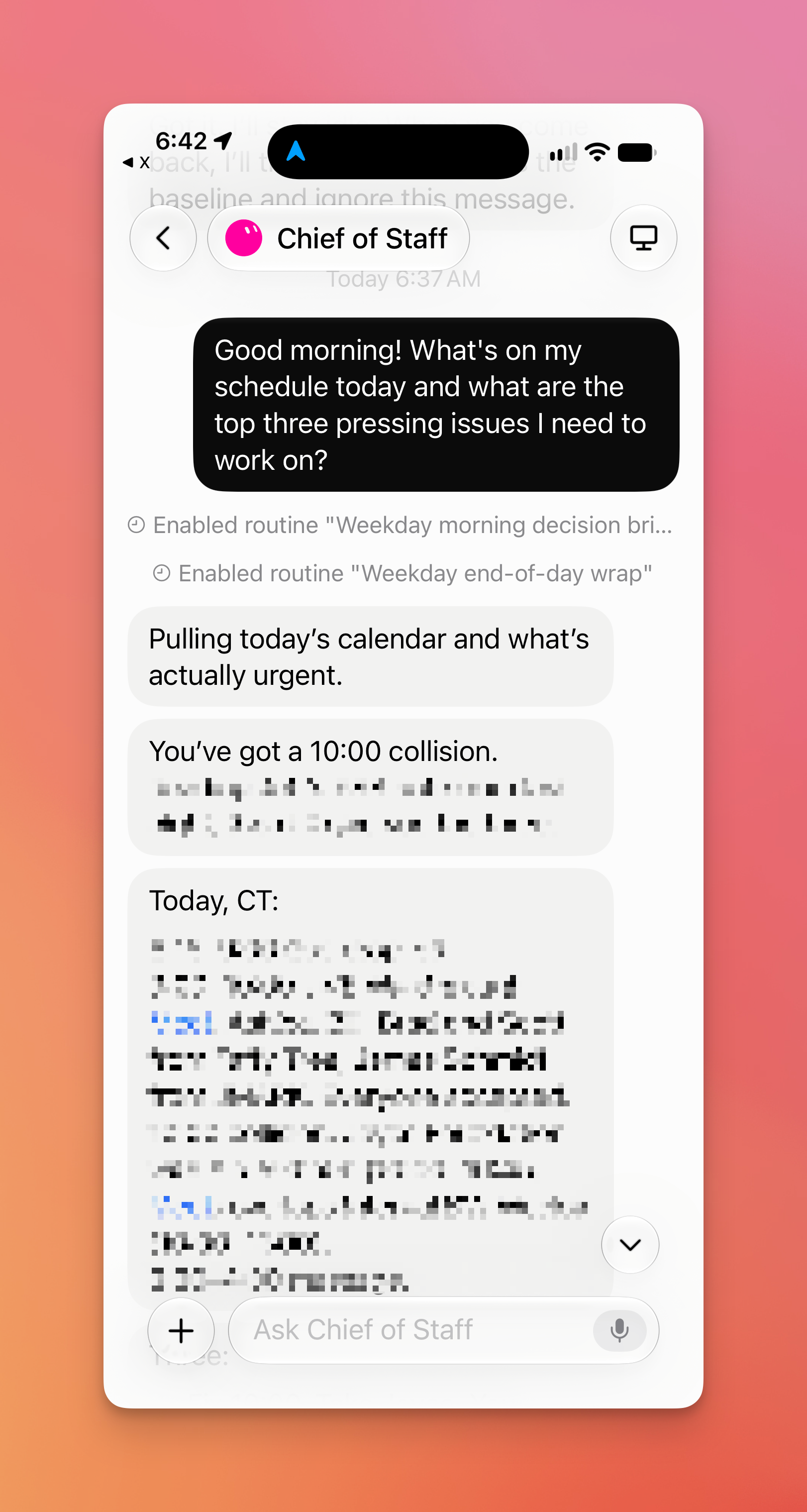 Grok Bot on a phone showing the same Chief of Staff conversation as the desktop app.