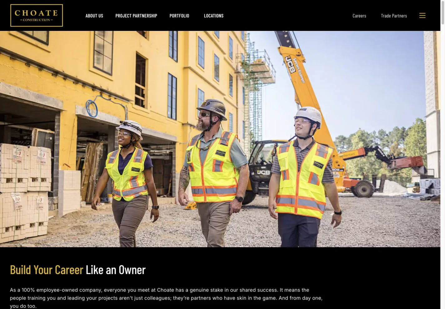Choate Careers page featuring three construction professionals and the Build Your Career Like an Owner message.