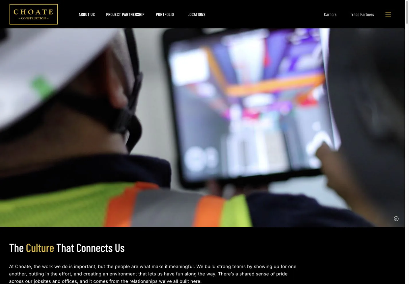 Choate Culture and Purpose page featuring a construction professional and the Culture That Connects Us message.