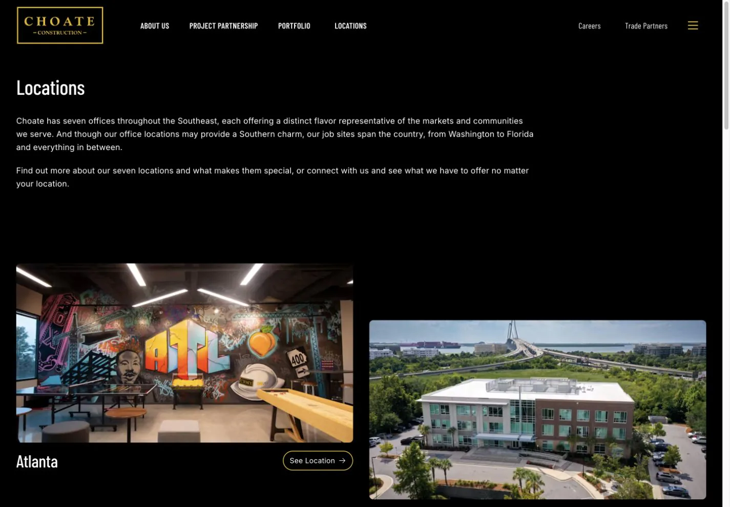 Choate Locations page showing the Atlanta office and surrounding city imagery.