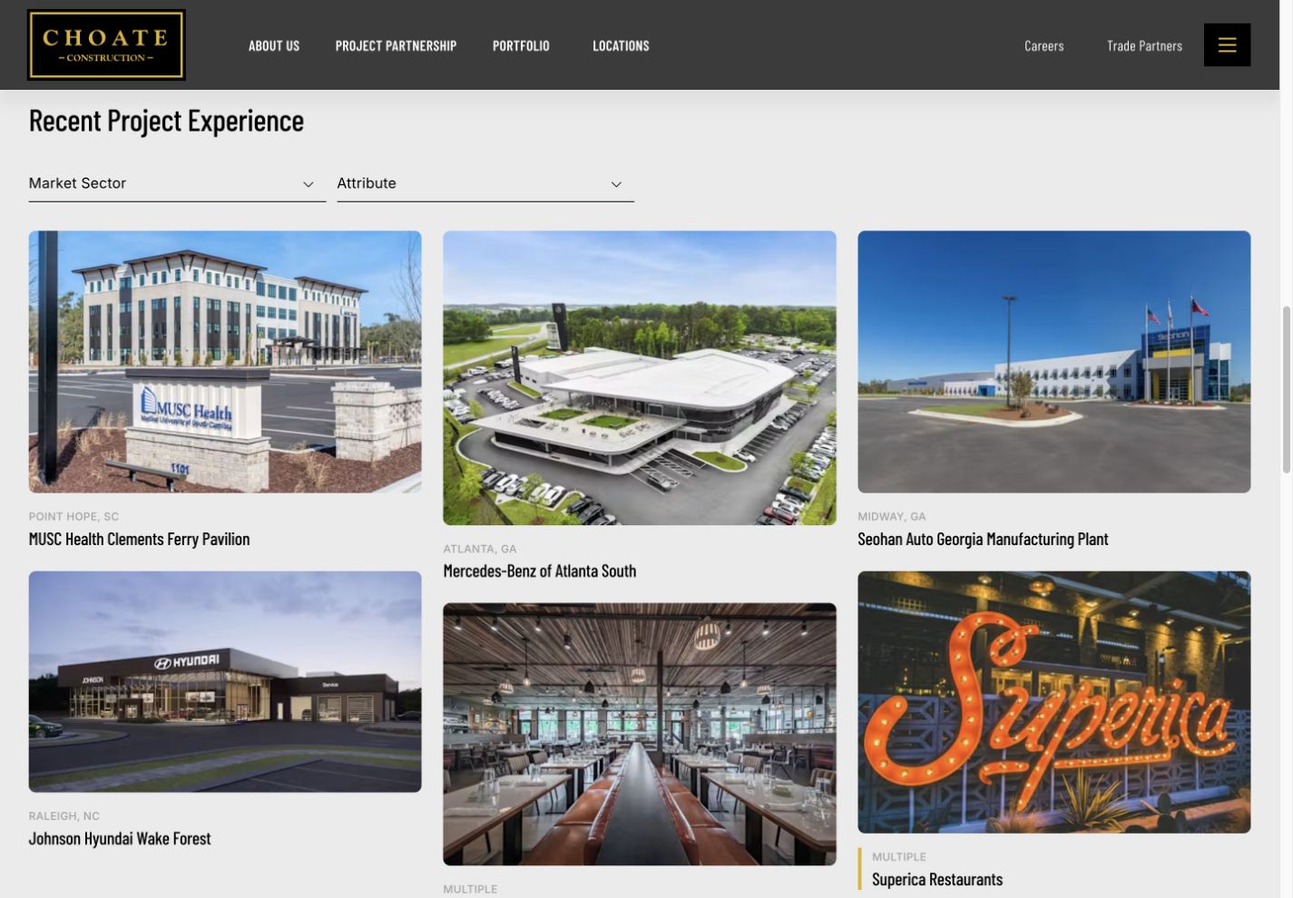 Choate portfolio page showing Market Sector and Attribute filters above a grid of construction projects.