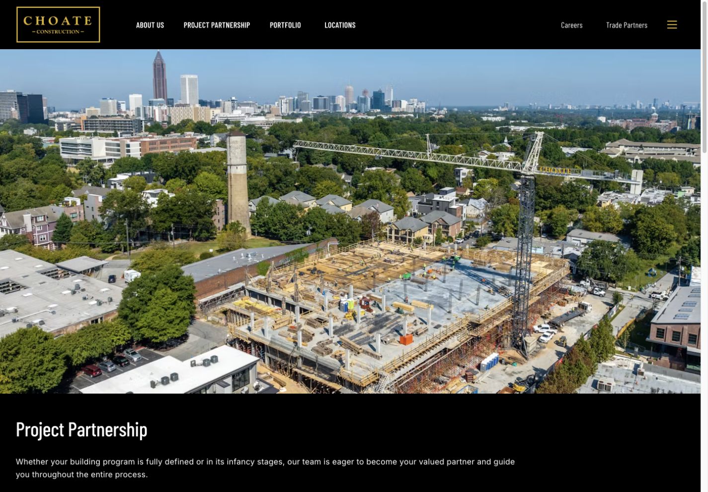 Choate Project Partnership page with an Atlanta construction project and an introduction to the partnership approach.