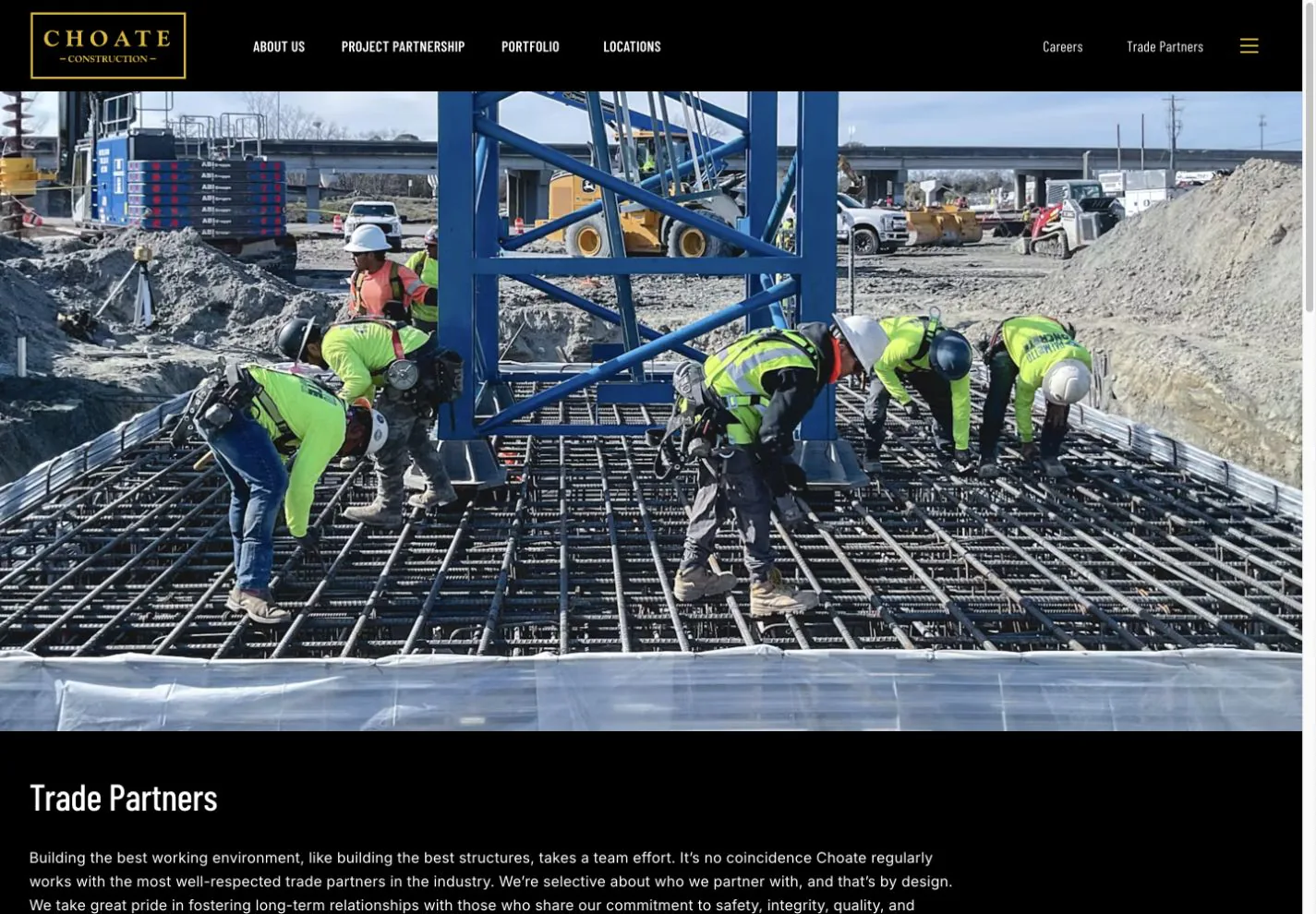 Choate Trade Partners page featuring a construction crew working around a crane base.