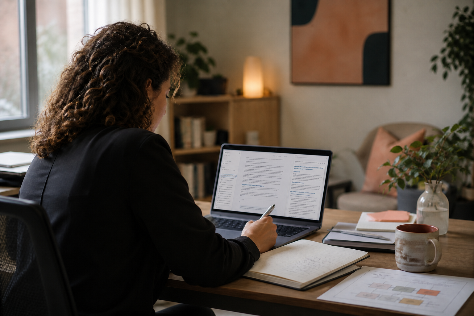 Illustrative image of a professional reviewing research with a source-backed digital assistant.