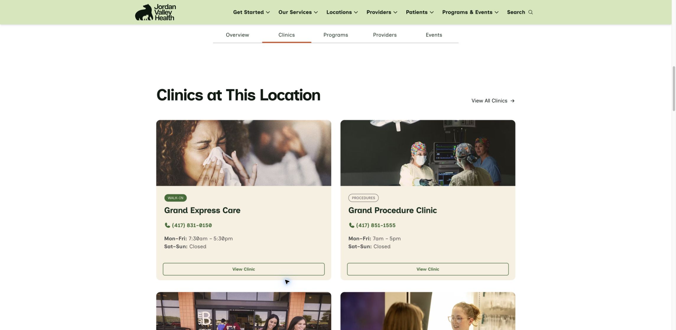 Grand Express Care and Grand Procedure Clinic displayed with their own hours and phone numbers.