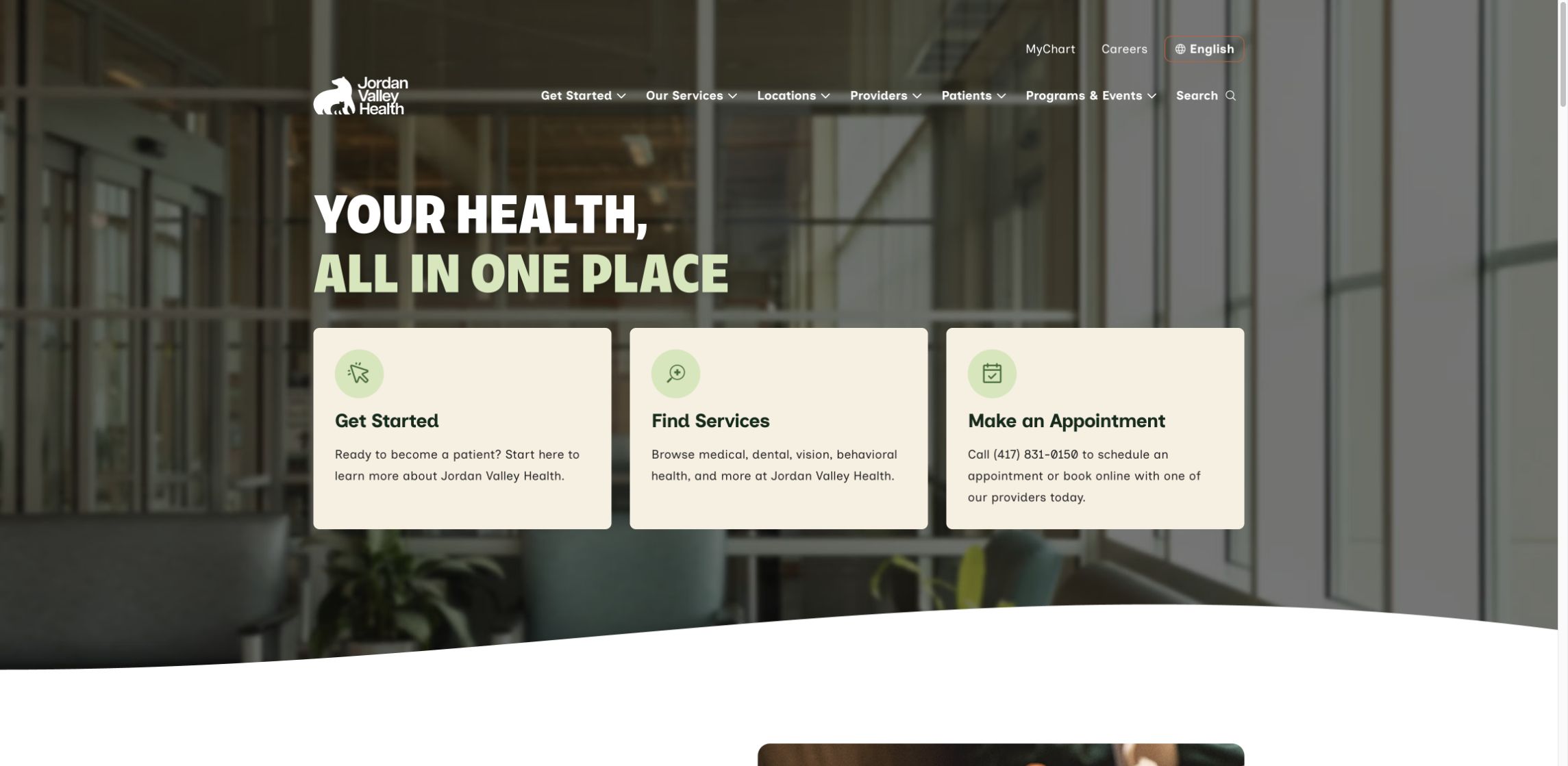 Jordan Valley Health homepage with Get Started, Find Services and Make an Appointment pathways.