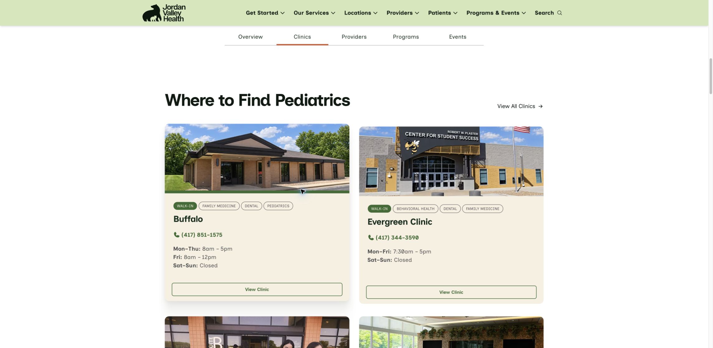 Pediatrics page showing clinic cards with hours and phone numbers.