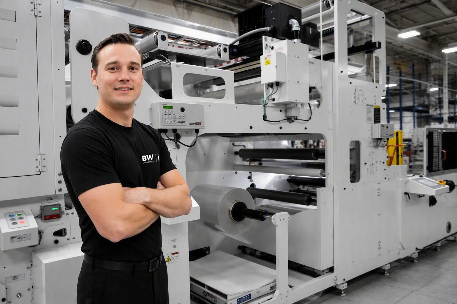 A BW Converting employee standing beside industrial manufacturing equipment.